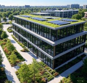 Modern commercial office building with large glass windows, featuring a green roof with solar panels, surrounded by landscaped greenery and trees under a clear sky.